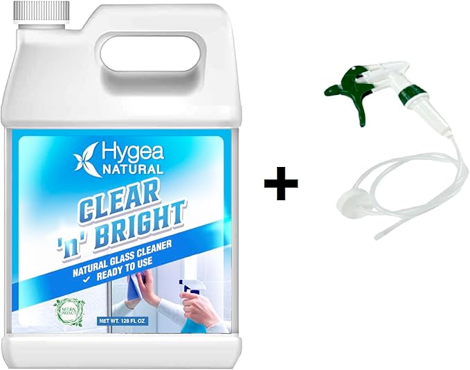 Hygea Natural Clear 'n' Bright - Glass Cleaner Spray - Streak-Free & Ammonia-Free Window Cleaning - Eyeglass, Window & Mirrors Cleaning Supplies - Safe & Fast with Natural Ingredients (1 Gallon)