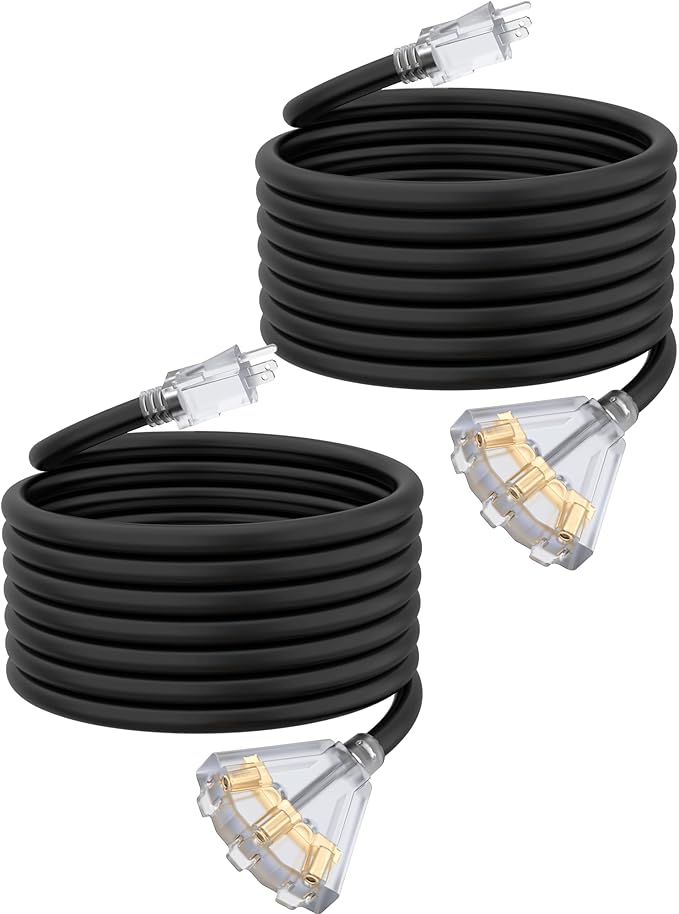 25Ft 12 Gauge Outdoor Extension Cord with 3-Outlets, 2 Pack, Heavy Duty 3 Prong Extension Cord Waterproof with Lighted end, 15A SJTW, ETL Listed, Black