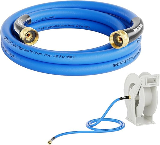 SPECILITE Female to Female Hot/Cold Garden Water Hose 10 ft x 3/4 Inch for Hose Reel, -50℉To 190℉, Heavy Duty, Flexible, Burst 605 Psi, Rubber Extension Pipe with 3/4" Brass Fittings