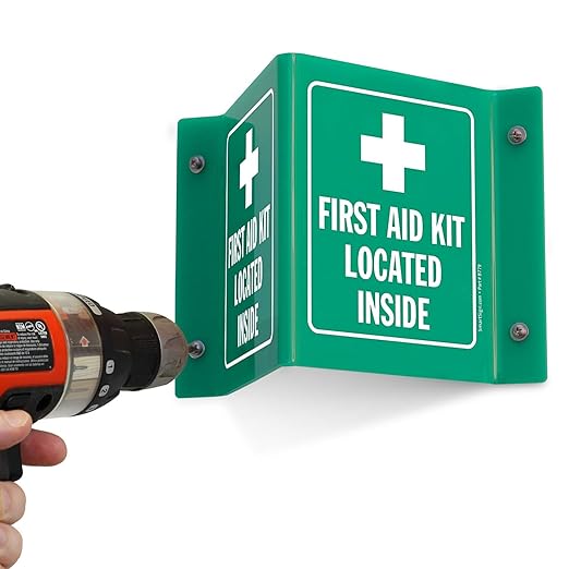 SmartSign First Aid Kit Located Inside Projecting Sign | 5" x 6", V-Shaped Acrylic Sign for Hallway, Corridor, Green and White, Made in USA