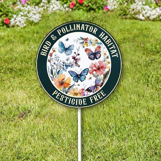 Bidesign Round (9.2X9.2) IN Bird And Pollinator Habitat Pestiside Free Yard Sign with Stake Rustproof Aluminum Butterfly Lawn Signs Stand for Home Garden Yard Decorations Outdoor