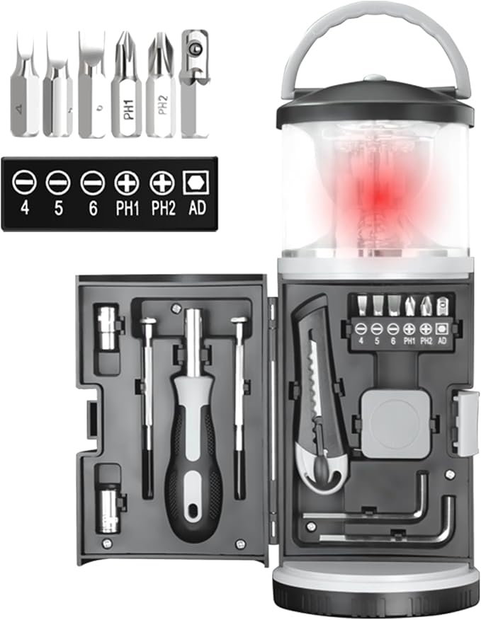 LED Camping Lantern with 15PCS Tool Kit, Battery Lamp for Tent Hanging, Portable Emergency Light with Built-in Tools Set, Lanterns for Power Outages, Outdoor, Fishing (3 AA Batteries Not Included)