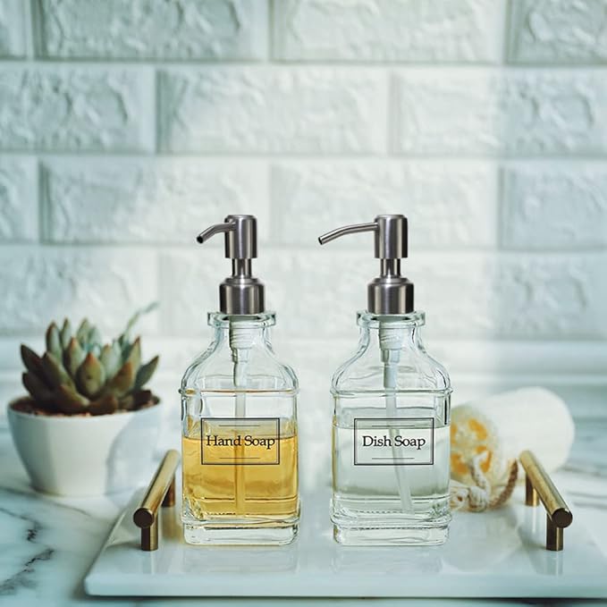 JASAI Antique Design Soap Dispenser with Rust Proof 304 Stainless Steel Pump, Refillable Clear Glass soap Dispenser with 10Pcs Clear Stickers, Premium Kitchen & Bathroom Soap Dispenser