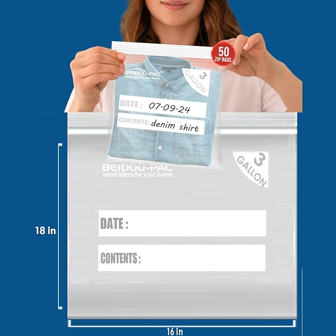 80 Count Combo Large Storage Zip Bags, 2 Gallon & 3 Gallon Resealable Variety Pack With Organizer, Reclosable Clear Assorted Size Plastic Bags