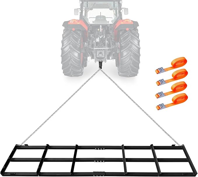 GarveeLife Drag Harrow Lawn Tractor, 8 ft Heavy Duty Driveway Drag with Chain for Gravel, 4 Safety Belts, Tow Behind Lawn Rake for ATV, Farm Field Garden