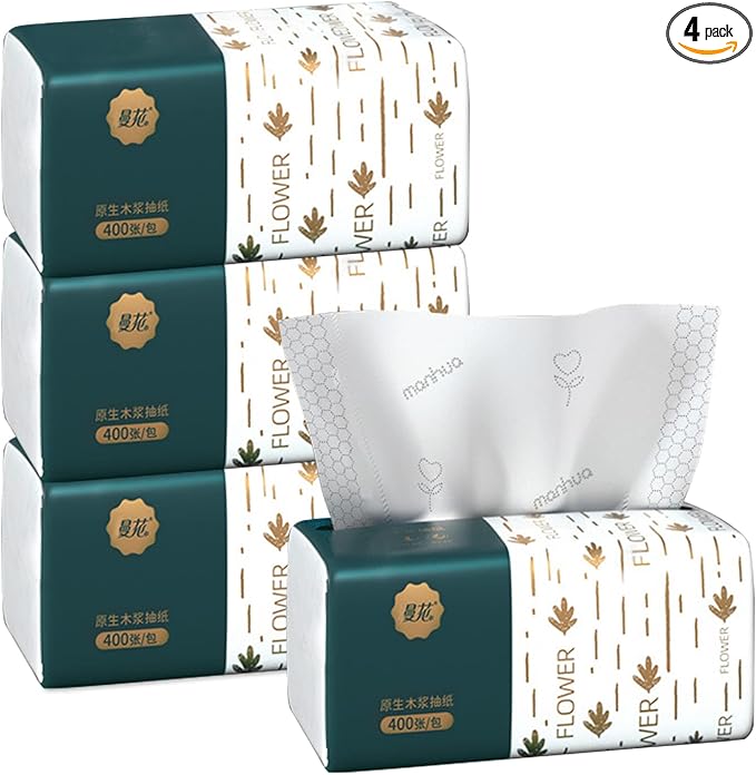 Pack of 4, Small Facial Tissue, Toilet Paper, Bag Cover, Disposable Napkin, Material Wood Pulp Fiber NOT COTTON, White Facial Paper, 4-Ply, 400 Sheets per Pack