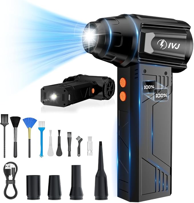 IVJ Compressed Air Duster, 180000RPM Super Power Cordless Electric Air Duster with LED Light Rechargeable 4 Gear Adjustable Mini Air Duster, Dust Blower for Computer, Keyboard, House, Outdoor and Car