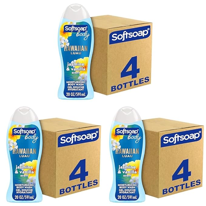 Softsoap Moisturizing Body Wash Hawaiian Luau, Jasmine and Vanilla Scent, 20 oz Bottle, 12 Pack