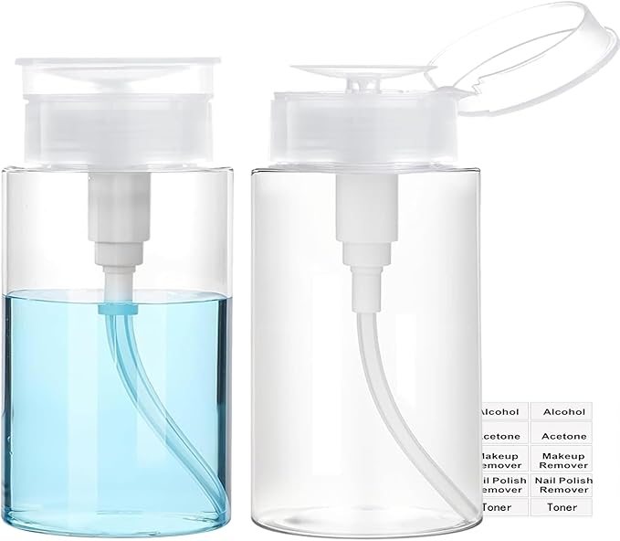 Push Down Pump Dispenser, 5.1oz Clear Pump Bottles with Alcohol, Acetone, Nail Polish Remover, Makeup Remover, Toner Stickers Empty Push Top Container for Liquid (150ml-2Pack)