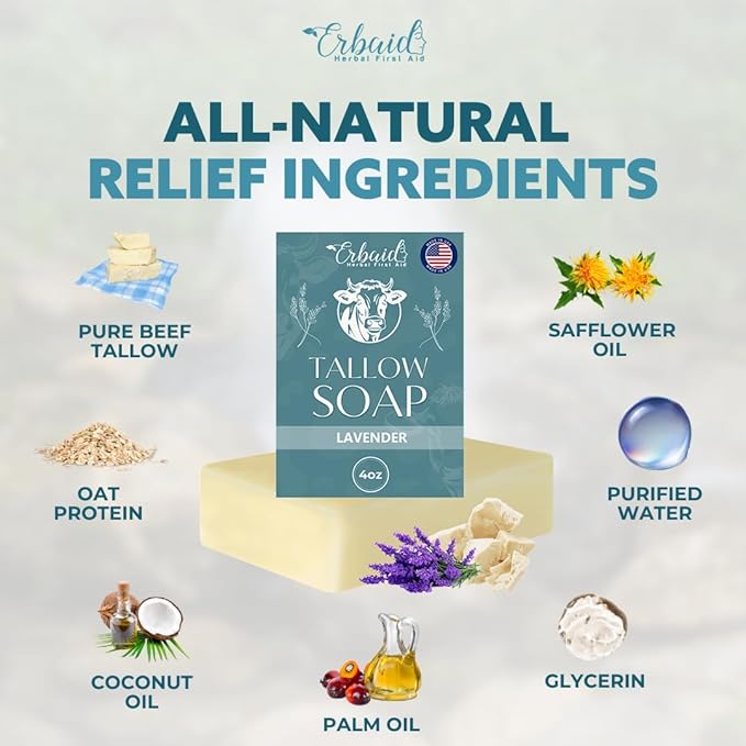 Beef Tallow Soap Bar – All Natural Grass Fed Tallow Soap Lavender – Moisturizing Face & Body Wash Great for Eczema, Dry, Itchy, Sensitive Skin – Handcrafted Bath Soap for Adults, Kids, Made in USA