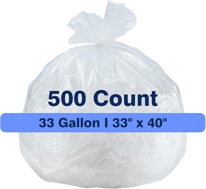 33 Gallon Clear Trash Can Liners, 33'' x 40'', 500 Count, High Density Garbage Bags for Home, Outdoor, Recycling, Commercial, and Industrial Use