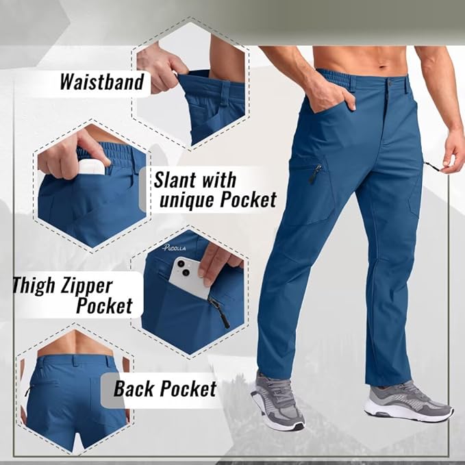 Pudolla Men's Lightweight Hiking Pants with 7 Pockets Quick Dry Water Resistant Fishing Travel Pants