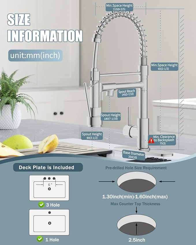 Kitchen Faucet with Soap Dispenser,Single Handle Faucet for Camper Farmhouse RV Kitchen Sink,Spring Kitchen Sink Faucets with Pull Down Sprayer and Deck Plate,Dual Function Spray Head,Brushed Nickel