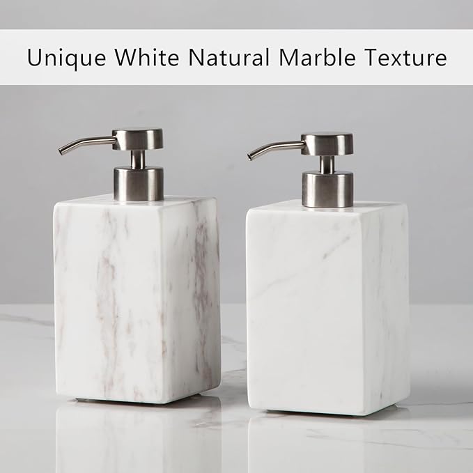 White Marble Soap Dispenser, Natural Organic Marble Soap Pump with Metal Push Pump, Elegant Square Hand Lotion Jar, Premium Heavy Duty Pump Bottle, Lotion Jar for Kitchen, Bathroom, Laundry Room