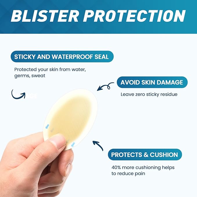 Hydrocolloid Blister Bandages for Feet - 30ct Gel Blister Bandages - Blister Cushions for Heel, Toe - Blister Prevention for Travel - Water Resistant Bandages Pads (Variety Pack)