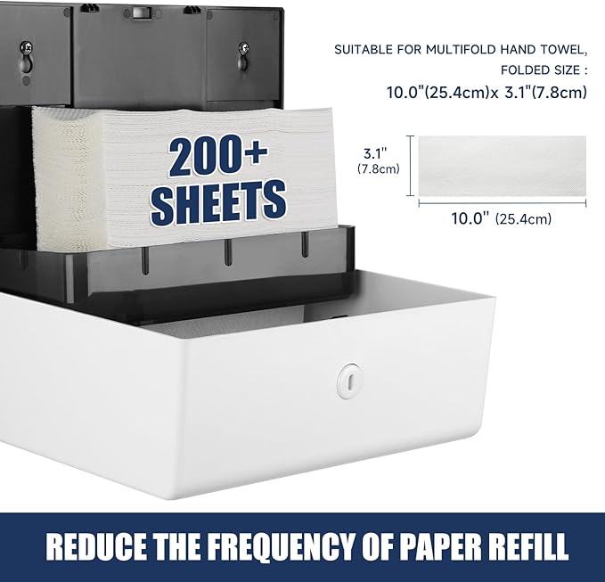 AIKE 200 Sheets Wall Mount Paper Towel Dispenser with Clear Window.Fit Multifold Paper Folded Size 10"x3.1" or Smaller,White Finish