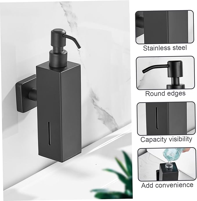 Soap Dispenser Stainless Steel Wall Mounted Soap Dispenser with Pumps Drill-Free Rustproof Shower for Kitchen and Bathroom, Black, Square, Wall Mounted