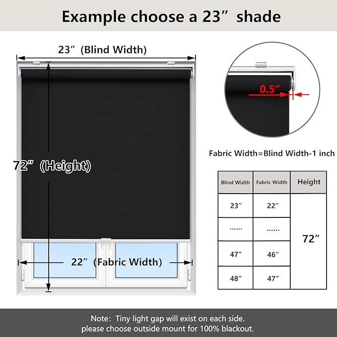 Cordless Roller Shades Blackout Blinds for Windows Room Darkening Rolled Up Shades with Spring System, UV Protection Window Shades Door Blinds for Home and Office (75" W x 72" H, Black)