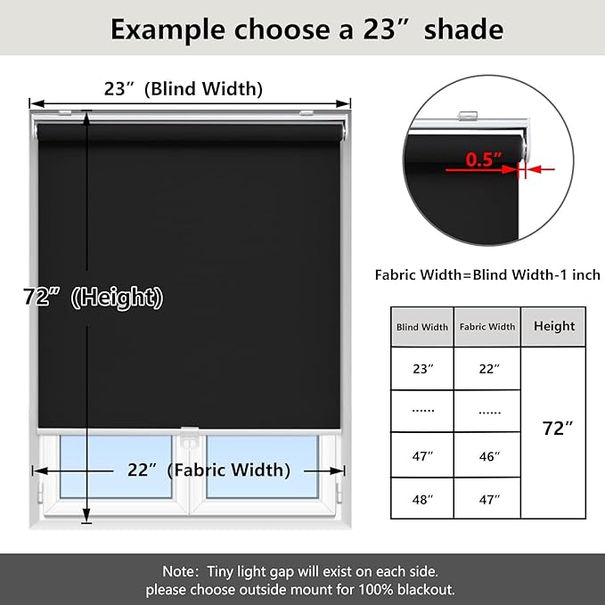AOSKY Cordless Roller Shades Blackout Blinds for Windows Room Darkening Rolled Up Shades with Spring System, UV Protection Window Shades Door Blinds for Home and Office (29" W x 72" H, Black)