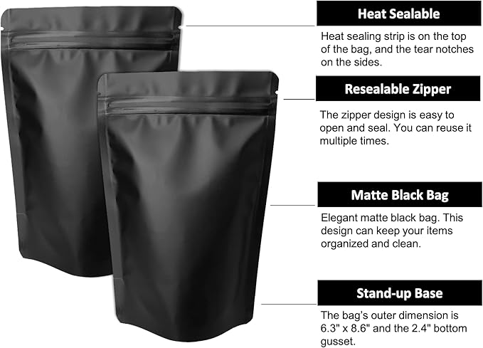 100 Pack Matte Black Stand Up Bags – 5 Mil 6.3x8.6 Inches Resealable Smell Proof Food Storage Zipper Pouch Bag, Large Heat Sealable Plastic Foil Packaging Pouches, Sample Pouch