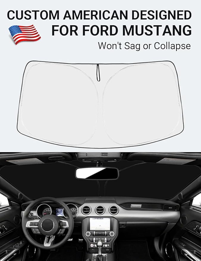 Proadsy 2025 Upgrade Windshield Sun Shade Custom Fit Ford Mustang 2015-2023 (NOT for Ford Mustang Mach-E) 4-Layer Foldable Front Sunshade Protector Sun Visor Blocks UV Rays Keep Car Cooler Accessories