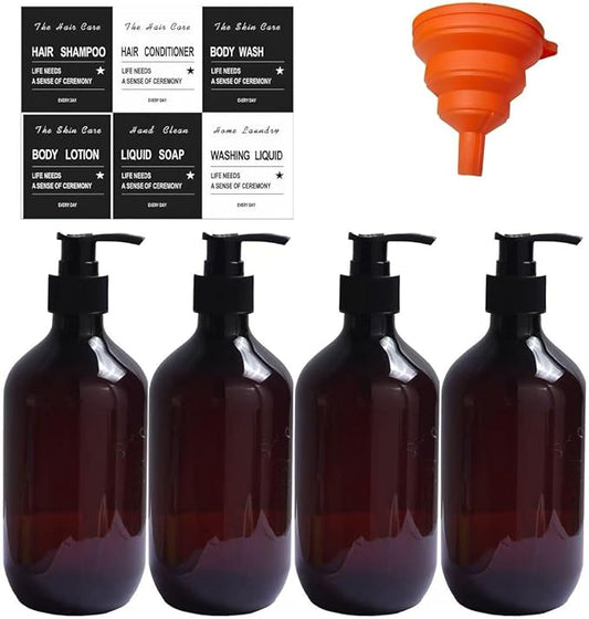 4 PcsSoap Dispenser Bottles with Pump, 500 ml/17 oz Brown Hand and Dish Soap Dispenser Set, Plastic Soap Dispensers with Pump for Hand Dish Liquids Kitchen Sink Bathroom Decor,with Labels & Funnel