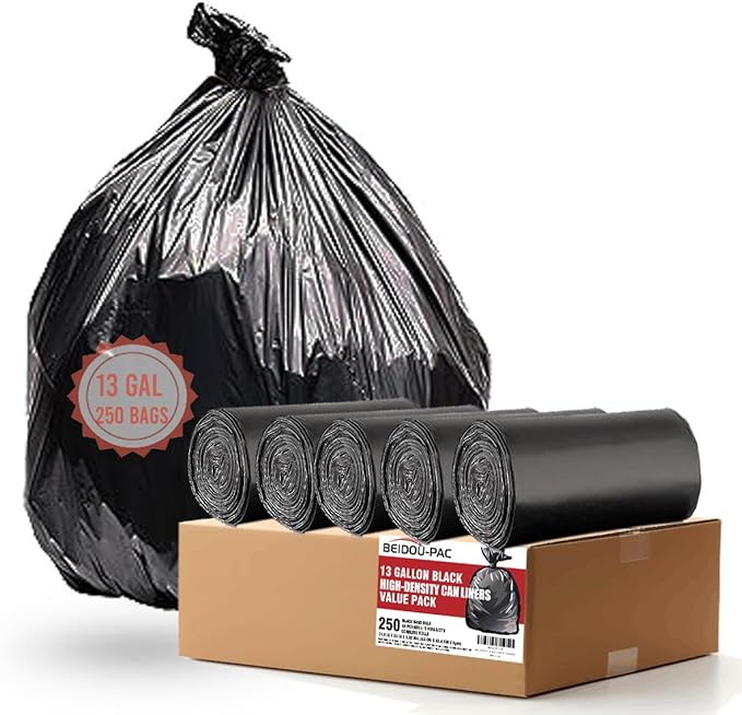 13 Gallon Trash Bags, 250 Count Black Tall Kitchen Garbage bags, Multi-purpose Trash Can Bin Liners for Bathroom, Office, Industrial, Commercial, Janitorial, Municipal, Recycling