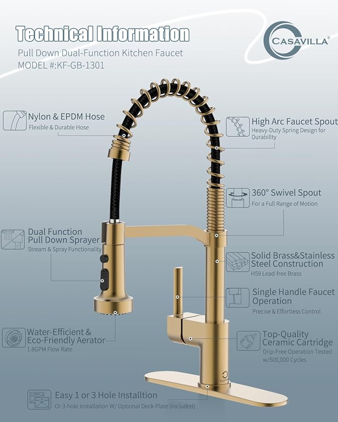 Gold Kitchen Faucet Soap Dispenser, Faucet for Kitchen Sink, Kitchen Sink Faucet with Deck Plate, RV Kitchen Faucet with Pull Down Sprayer and Dual Function Spray Head