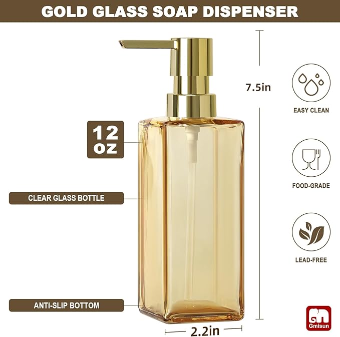 GMISUN Gold Soap Dispenser, Hand Glass Soap Dispenser with Pump, for Bathroom, 12 fl oz/350ml Refillable Dish Dispenser for Kitchen, Modern Liquid Soap and Lotion Bottles for Bathroom Countertop