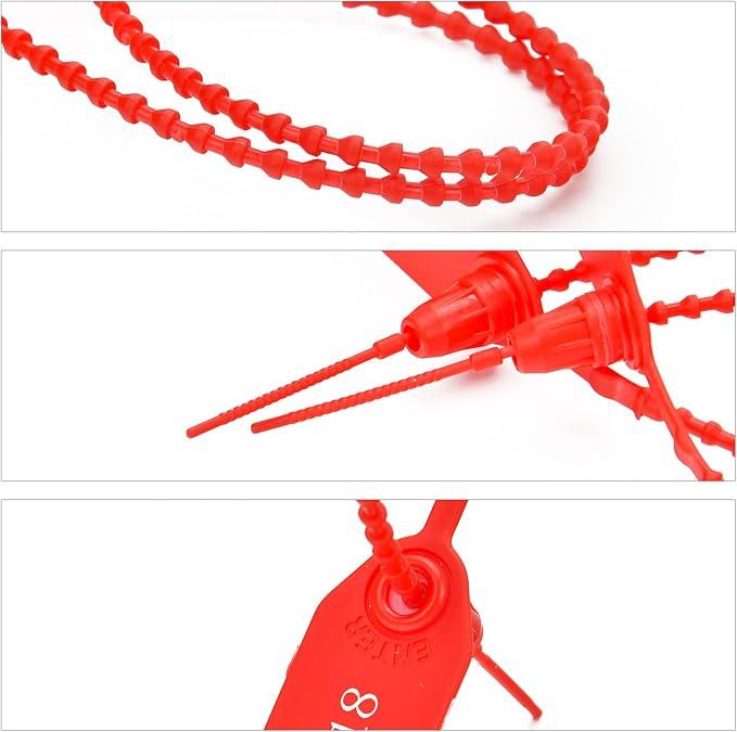 50pcs Plastic Security Tamper Seals Shipping Tags Disposable Signage Numbered Pull Tight Padlock Safety Self-Locking Seal Ties Tag, Red
