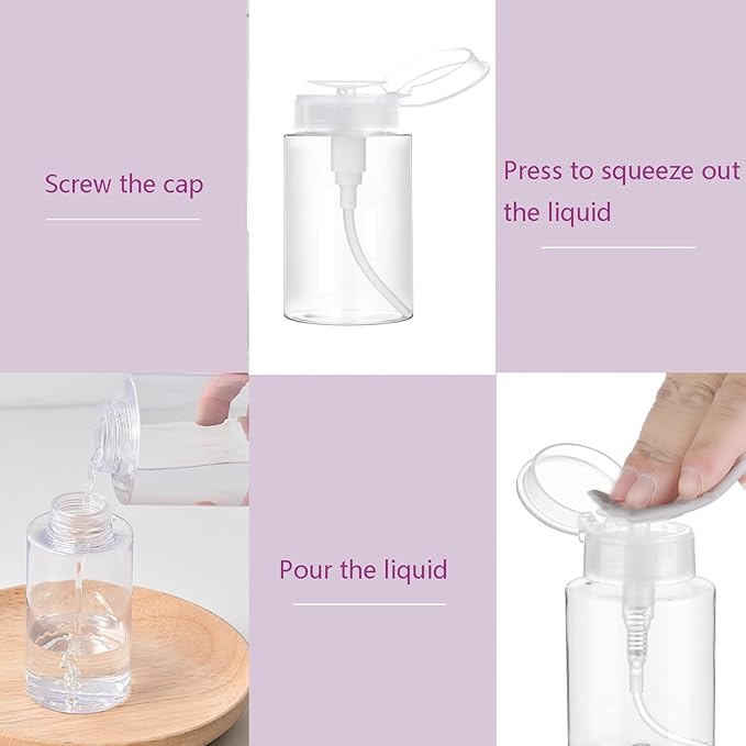 Push Down Pump Dispenser, 5.1oz Clear Pump Bottles with Alcohol, Acetone, Nail Polish Remover, Makeup Remover, Toner Stickers Empty Push Top Container for Liquid (150ml-4Pack)