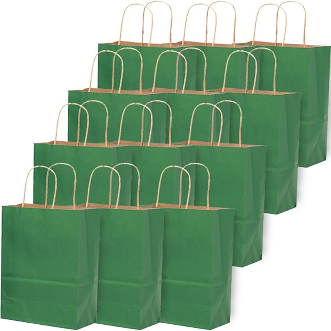qiqee 32-Packs Deep Green Paper Gift Bags with Handles Bulk 8.26"×6"×3.15" Small Size Gift Bags Multiple Uses