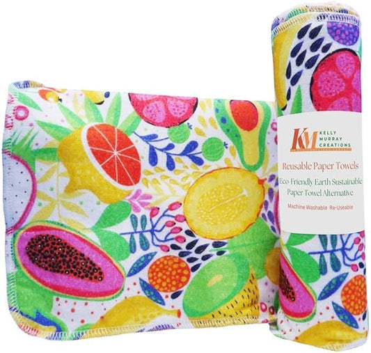 Pack of 10 Reusable Paper Towels | 10x10 Inch Cotton Towels | Kitchen Utensils Print | Eco Friendly, Washable, Quick Drying | Sustainable Cleaning Cloths | Fruits