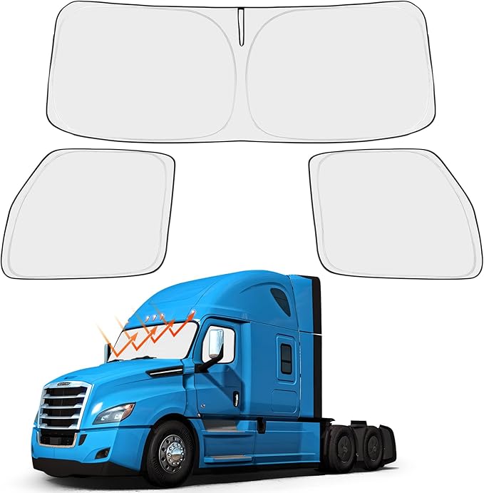 Front Windshield and Side Windows Custom Fit 2018-2024 2025 Freightliner Cascadia, Semi-Truck Semi, Commercial & Big Rig Truck Sun Shade Foldable Sun Protector Privacy Cover