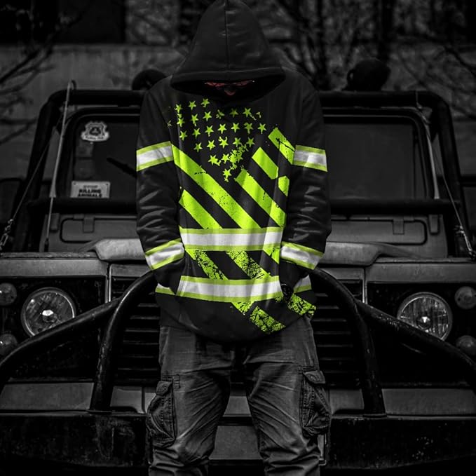 Color US Flag High Visibility Hoodie for Men Women Reflective Tapes Safety Workwear for Worker Runner Patriotic