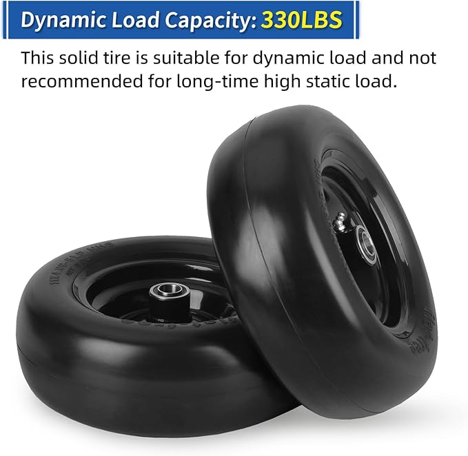 11x4.00-5” Flat Free Lawn Mower Tire and Wheel with Bearing Bore 3/4" or 5/8", 3.4"-4"-4.5"-5" Centered Hub, Smooth Tread Tire for Zero Turn Mowers, 2 Pack