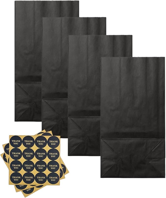 Bakepacker 100 Pcs Black Treat Paper Bags with 100 Stickers 5.1"x3.1"x9.4" Kraft Small Party Gift Bag Snack Bag without Handle