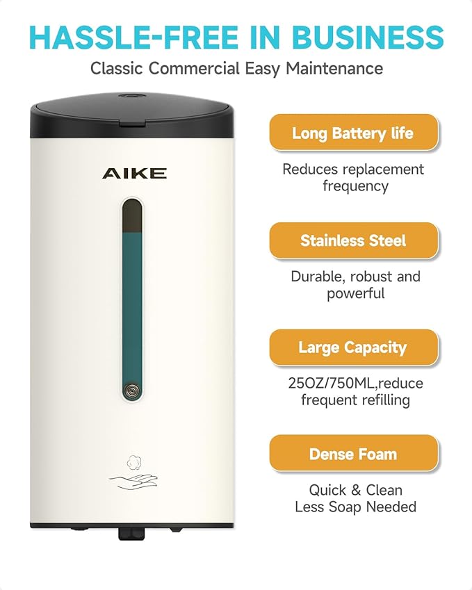 AIKE Wall Mount Automatic Foam Soap Dispenser 25 OZ Commercial Large Capacity Stainless Steel Model AK1205FA(Matte White)