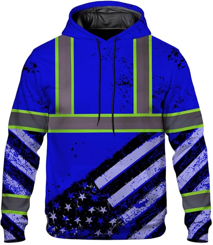 Color US Flag High Visibility Hoodie for Men Women Reflective Tapes Safety Workwear for Worker Runner Patriotic