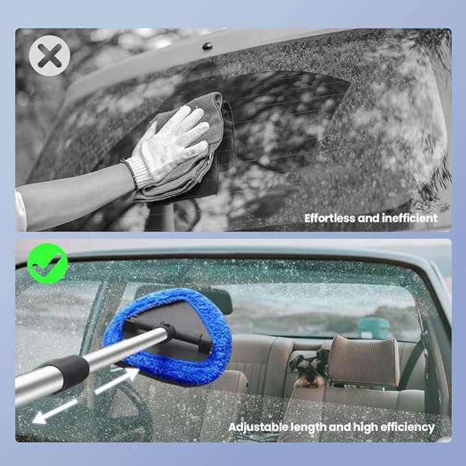 Car Windshield Cleaning Tool Set, Interior Exterior Auto Glass Cleaner Kit with Extendable Handle and 4 Reusable Microfiber Pads for Cars Trucks and Home (Green)