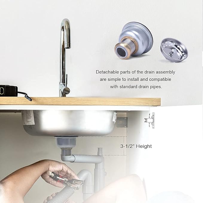 3-1/2 Deep Cup Kitchen Sink Drain Assembly, 304 Stainless Steel Construction With Fixed Post Basket and Long Extended Shank/CAS Approved