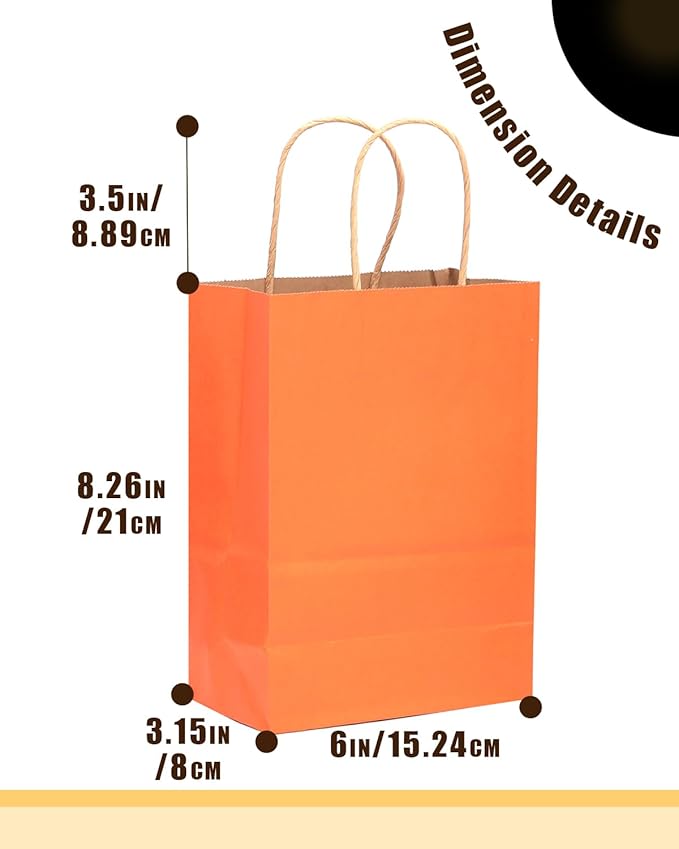 qiqee 32Pcs Small Size Orange Kraft Paper GIft Bags with Handles - 8.3"x6"x3.15" Kraft Small Party Bags