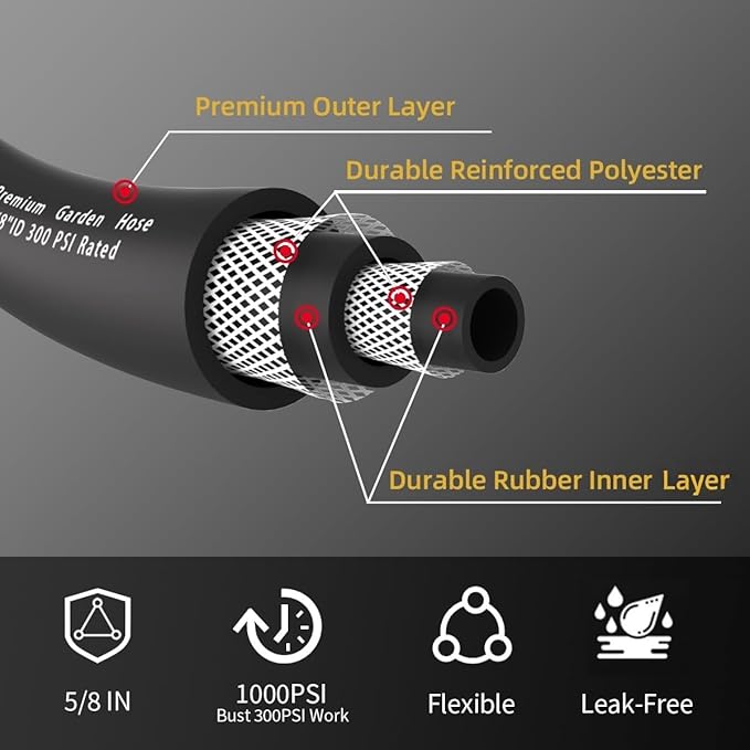 Heavy Duty Premium Garden Hose 100ft x 5/8", 300PSI Working, 1000PSI Burst, Water Hose with Transparent Swivel Handle - Hot/Cold Water - Five Layered Braiding for Durability
