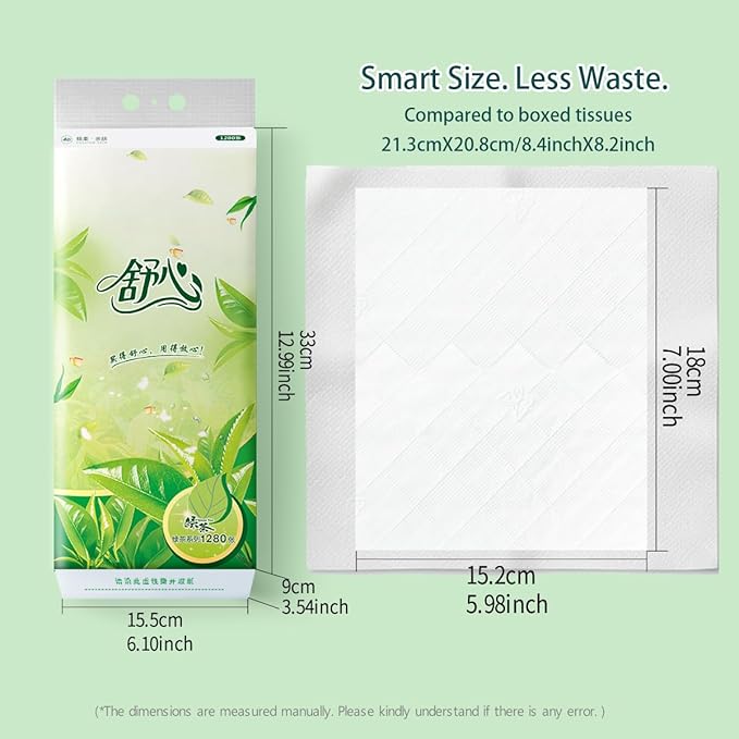 Hanging Facial Tissues with Green Tea Scent (6 Packs, 7680 Sheets Total) 4-Ply Soft Pack Paper Tissues for Home and Office - Wall Mountable & Space Saving