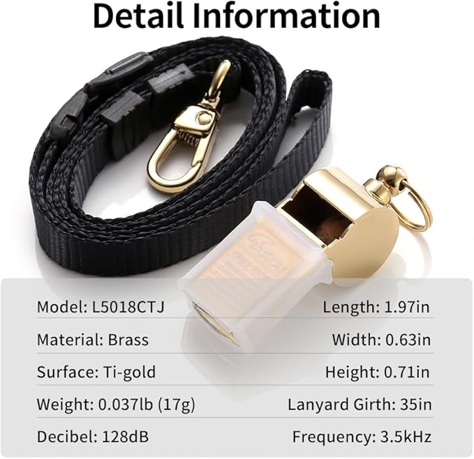 HUTOU Brass Whistle L5018CTJ with Lanyard, Golden, Ideal for Coaches, Teachers and Hikers