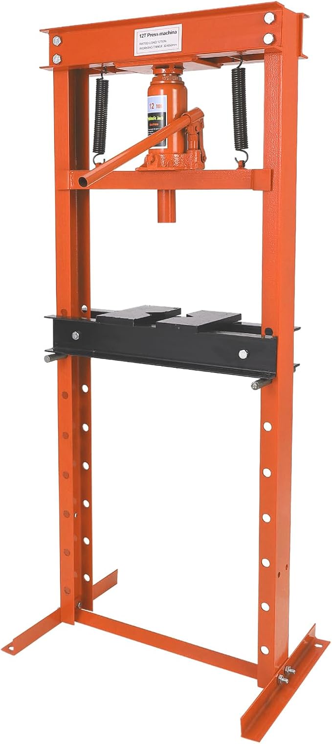 Hydraulic Press 12 Ton Hydraulic Shop Press H-Frame Garage Floor Adjustable Shop Press with 2 Plates Adjustable Working Table Height, Orange