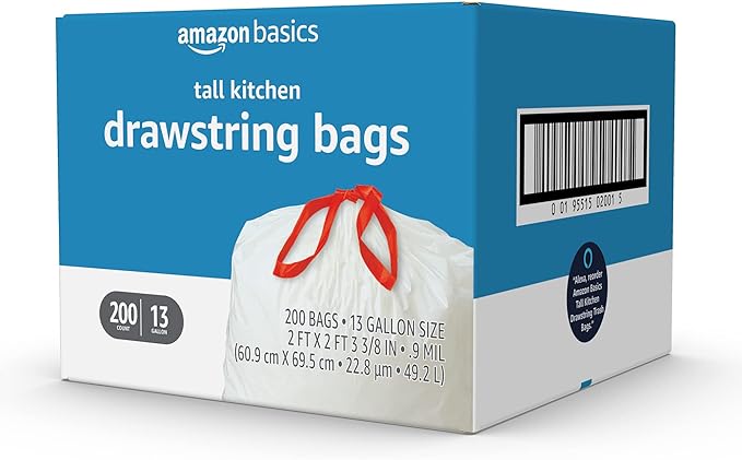Amazon Basics Trash Bags, Tall Kitchen Drawstring, Unscented, 13 Gallon, 200 Count, Pack of 1