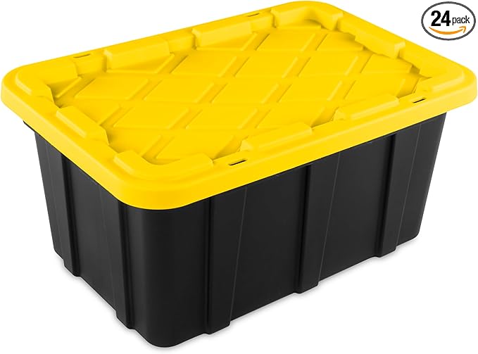 Sterilite 24-Pack Stackable Storage Bins, Heavy Duty Totes w/ Lids, 17 Gallon, Black/Yellow
