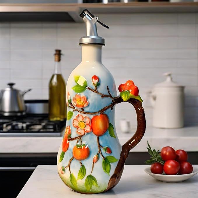 18 oz Hand-Painted Relief Ceramic Olive Oil Bottle Dispenser, with Handle Decorative Olive Oil Dispenser Bottle, for Kitchen Ceramic Oil Vinegar Bottle Seasoning Bottle with Stainless Steel Pour Spout