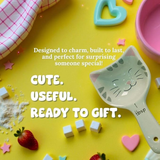 Cute Measuring Cups and Spoons Set - Cat Mom Gifts for Women - Cat Kitchen Accessories for Baking Gifts - Ceramic Measuring Spoons for Unique Baking Supplies - Fun & Decorative Kitty Cup for Cooking